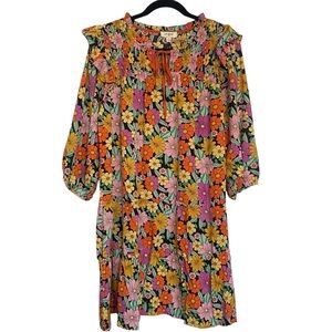 UMGEE Floral Multicolor Tie Neck Smocked Tiered Ruffle Mini Dress Size Large NWT